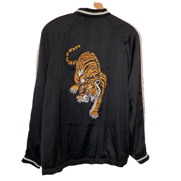 H&M Divided Size 8 Embroidered Tiger Baseball Bomber Jacket Black White Striped - Picture 2 of 13